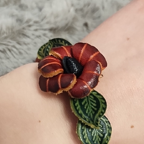 Handmade Leather Bracelet with Red Flower and Green Leaves - Picture 8 of 8